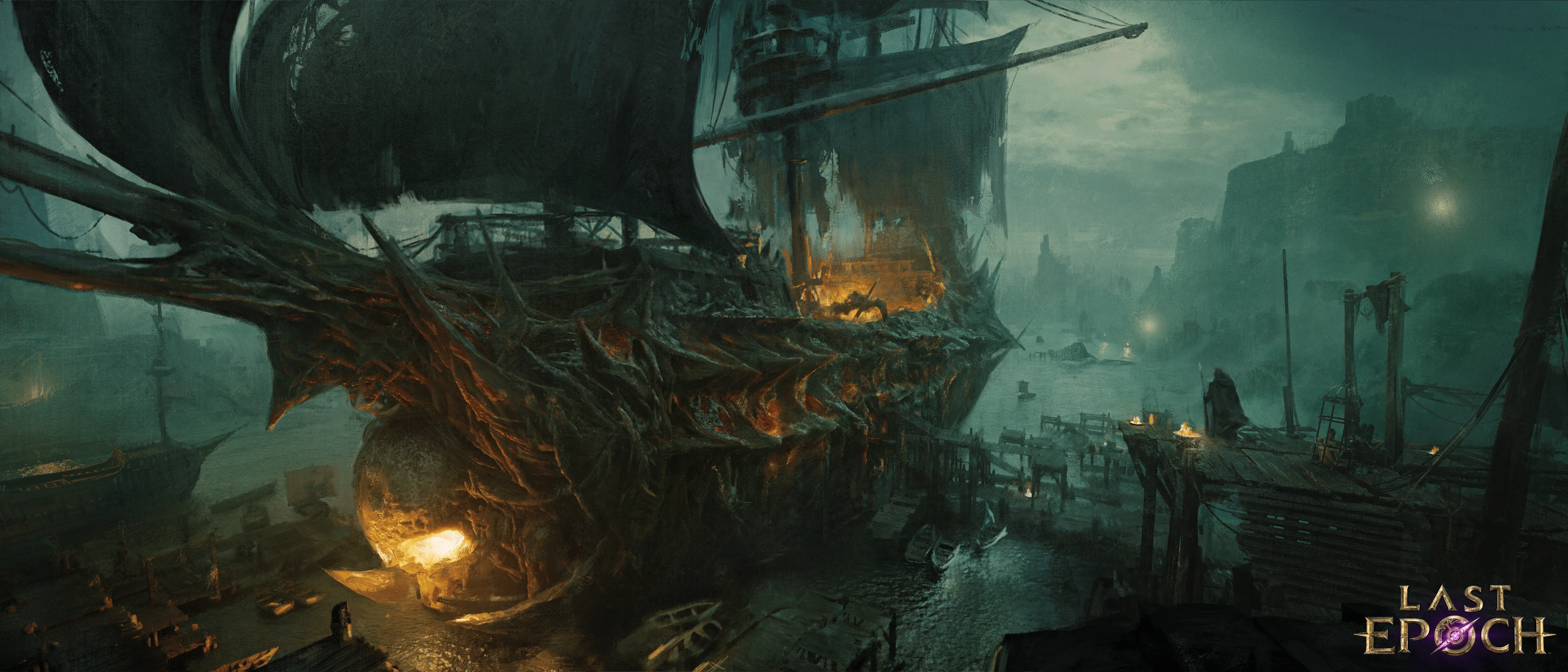 Official Last Epoch environment art with a dragon above a harbor