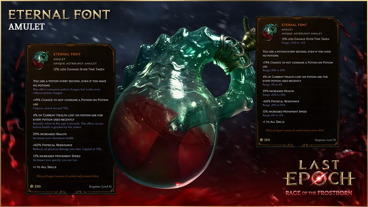 Eternal Font reveal showing the amulet and its potion-use effects and health cost