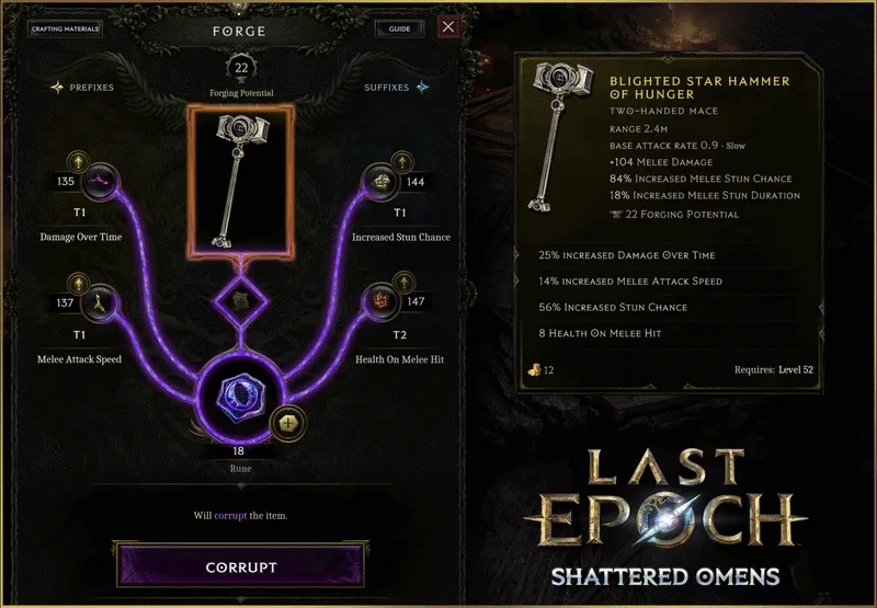 Last Epoch Forge interface showing a Rune of Corruption being used