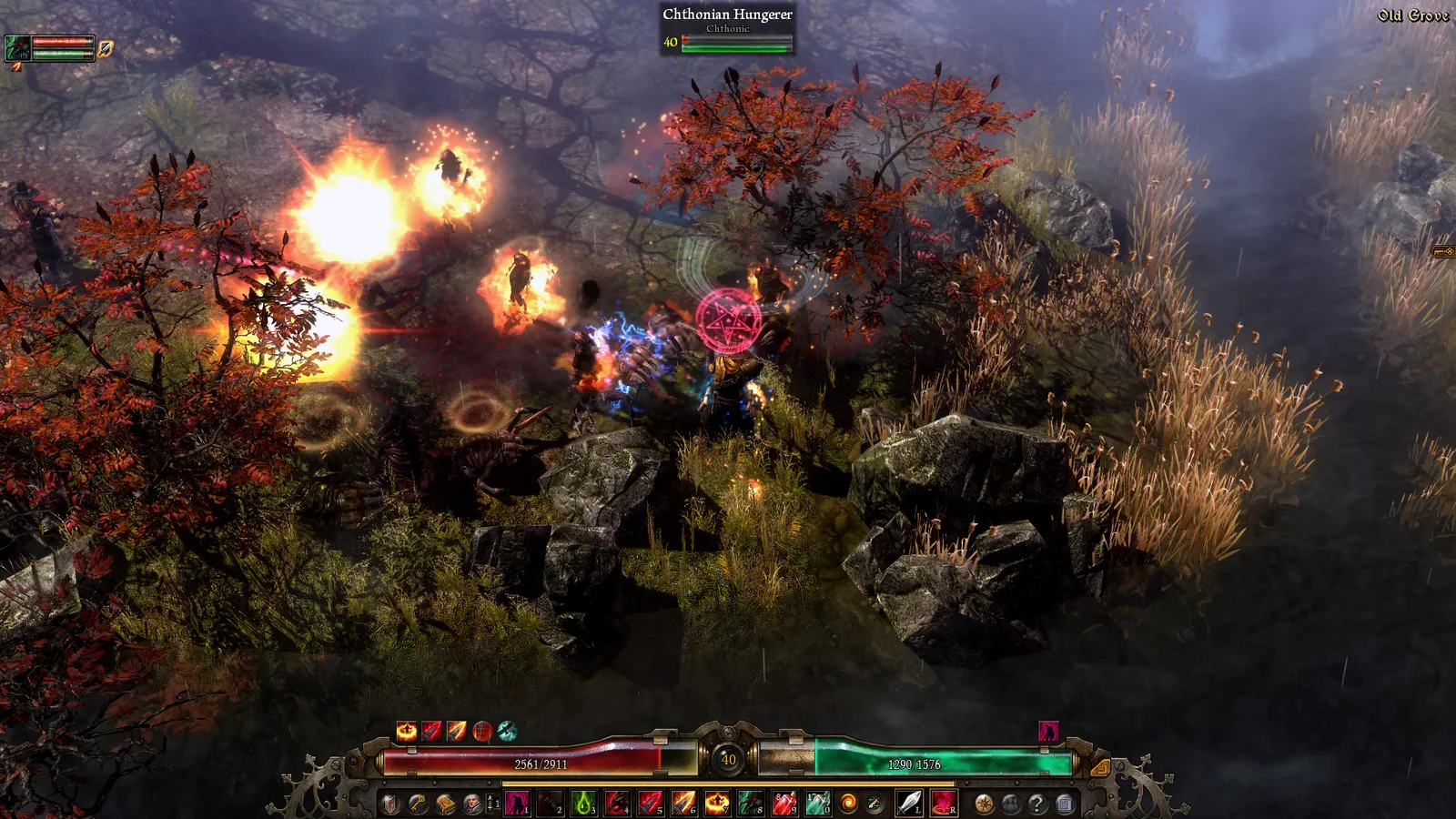 Grim Dawn character fighting enemies in a dark campaign environment