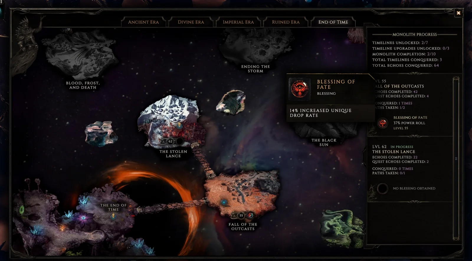 Last Epoch Monolith of Fate interface showing alternate timelines and progression