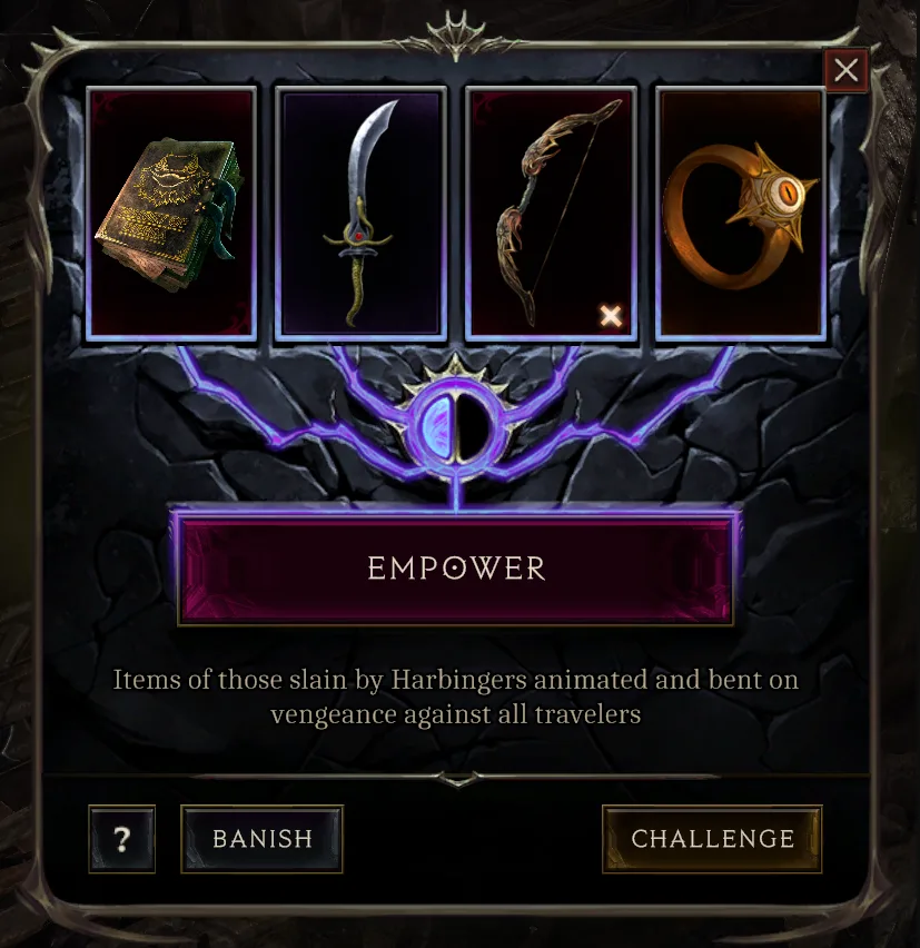 Last Epoch Nemesis interface showing Empower, Banish, and Challenge choices