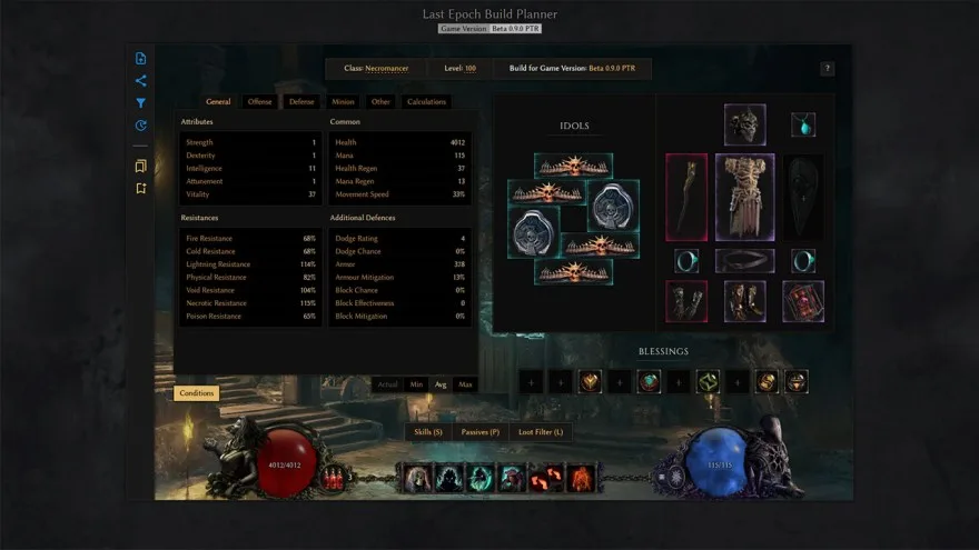 Last Epoch build planner showing equipment, character stats, idols, and skills