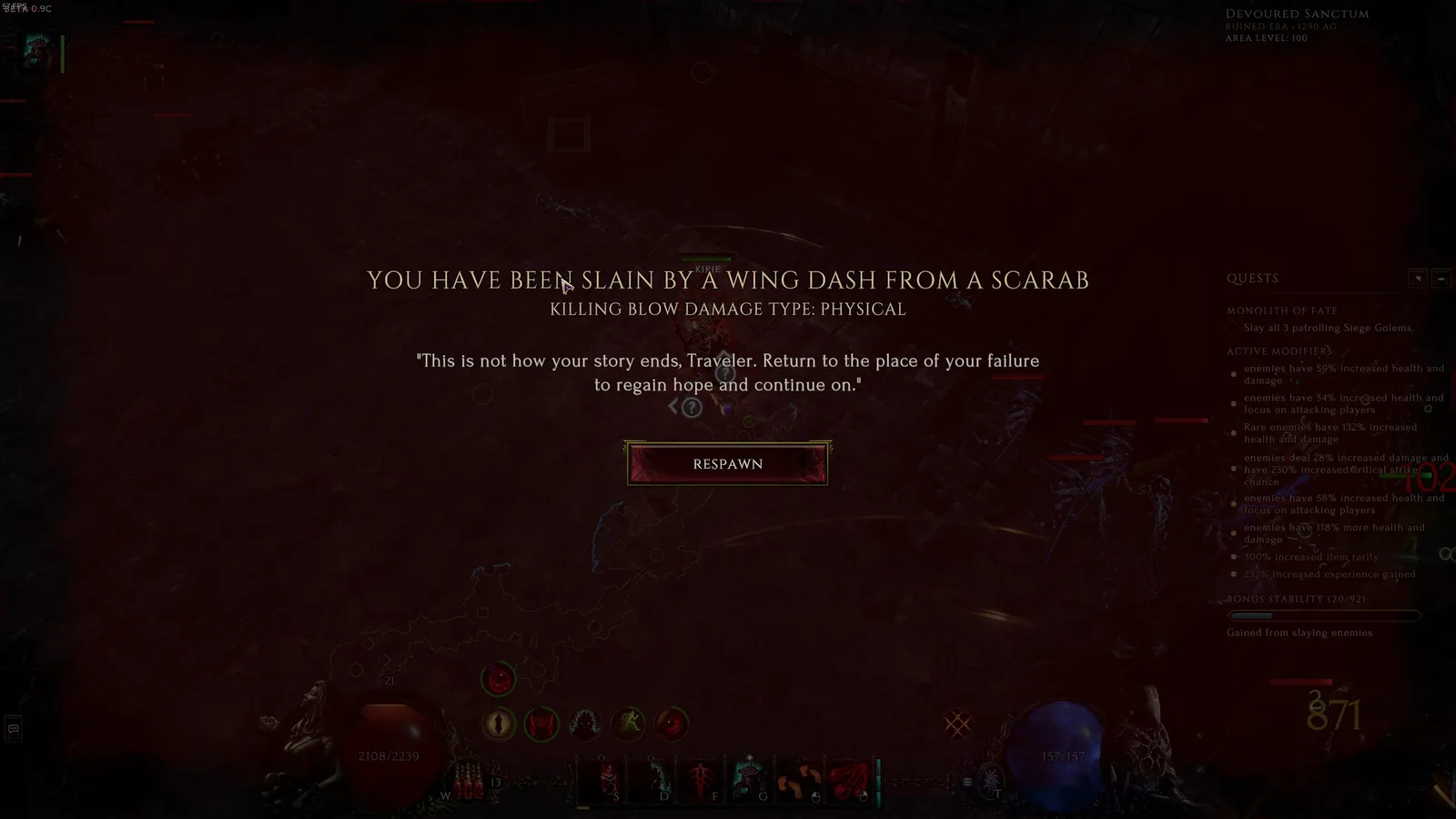 Last Epoch death screen naming a Wing Dash from a Scarab as the killing attack