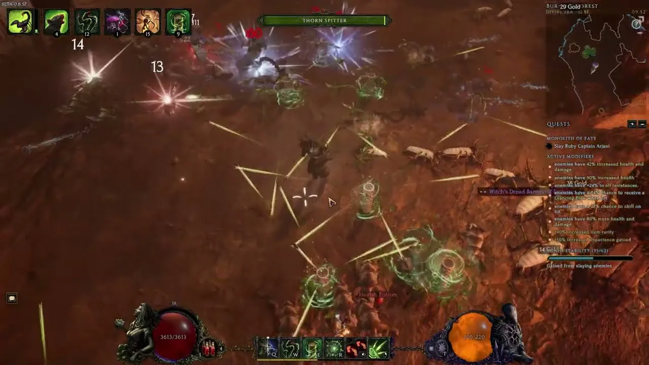 Last Epoch character surrounded by poison clouds, projectiles, and multiple enemies