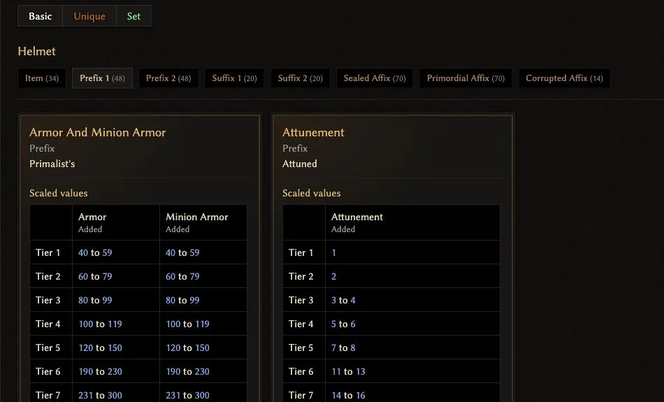 Last Epoch Tools helmet affix picker with tier ranges for armor and attunement