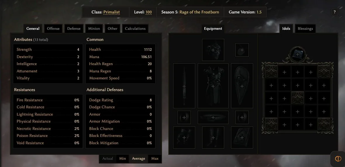 Season 5 Last Epoch Tools planner showing character statistics, equipment slots and idol grid