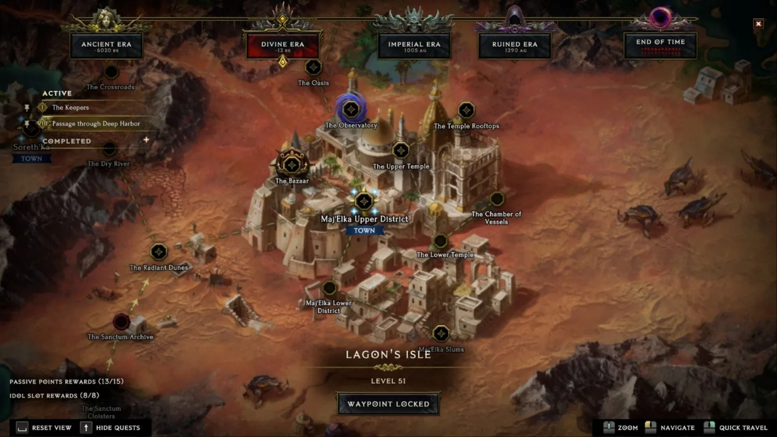 Last Epoch world map showing 13 of 15 passive points and 8 of 8 Idol Slots in the bottom-left reward counters