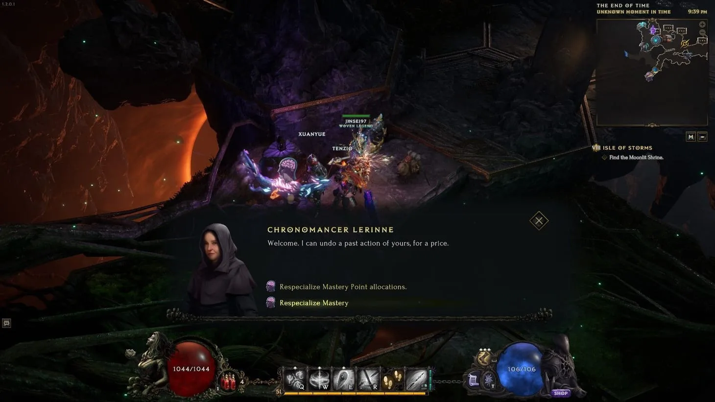 Chronomancer Lerinne in the End of Time with the purple brain waypoint icon visible on the map.
