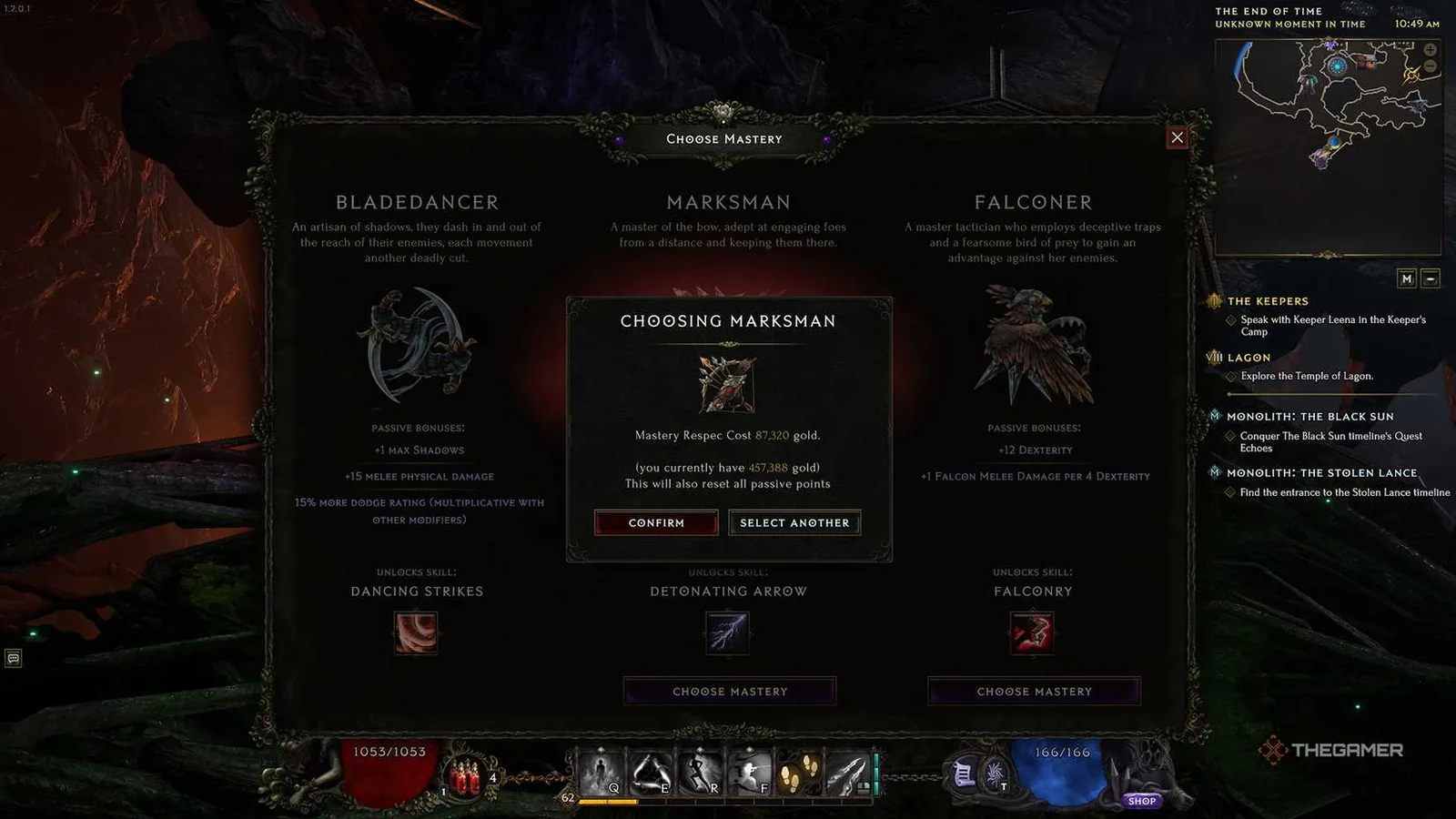 Last Epoch Choose Mastery menu showing alternative Masteries and the displayed gold respec cost.