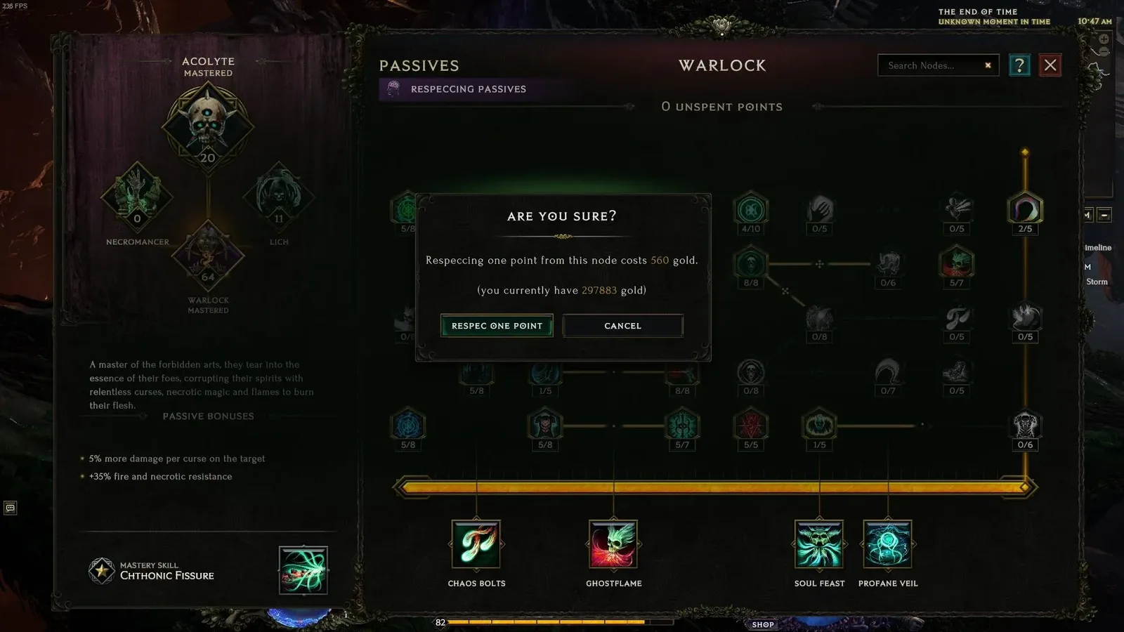 Last Epoch passive tree with the Respeccing Passives state and a confirmation cost dialog.