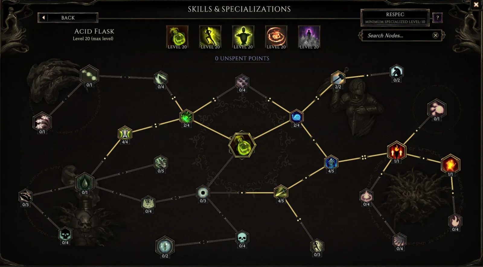 Last Epoch skill specialization tree with Respec controls and the minimum specialized level