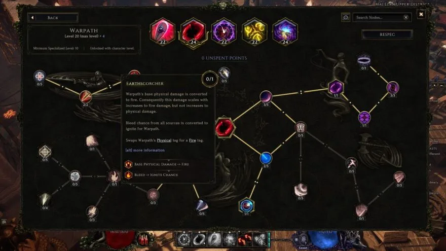 Warpath skill tree with the Earthscorcher conversion node tooltip showing physical-to-fire conversion