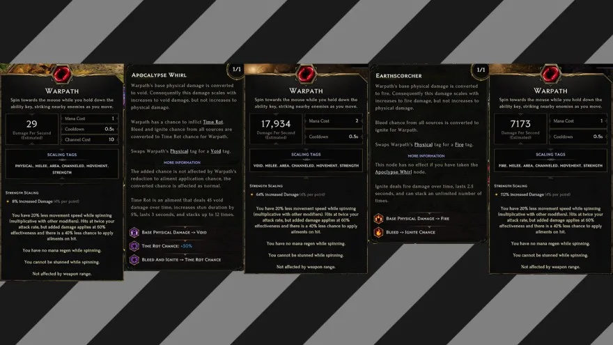 Warpath tooltips showing physical damage before conversion and void or fire scaling tags after conversion nodes