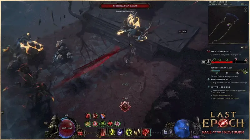 Last Epoch combat scene showing a character attacking an enemy with active combat effects