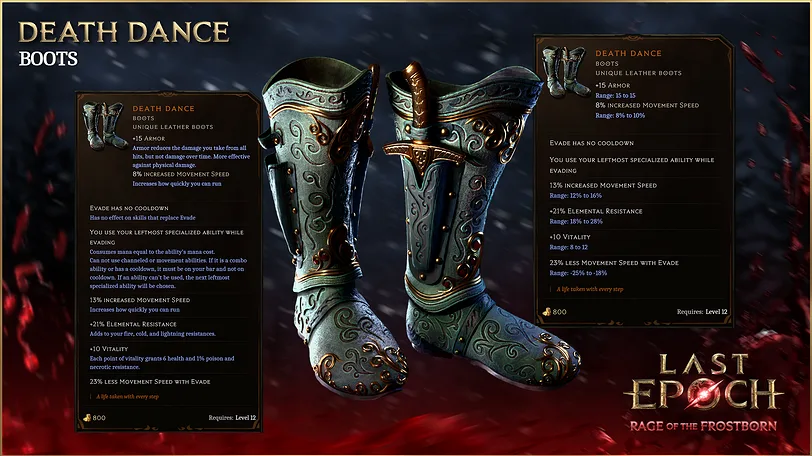 Death Dance unique leather boots with the item tooltip and boot artwork visible