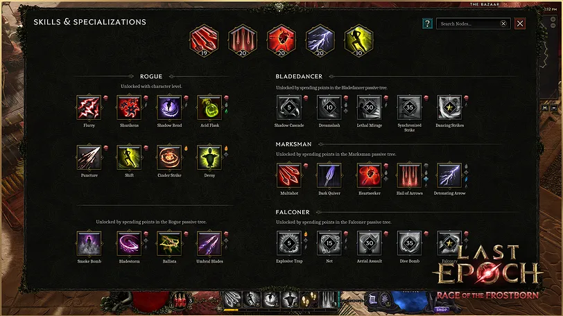 Last Epoch Skills & Specializations panel showing Rogue and Bladedancer abilities