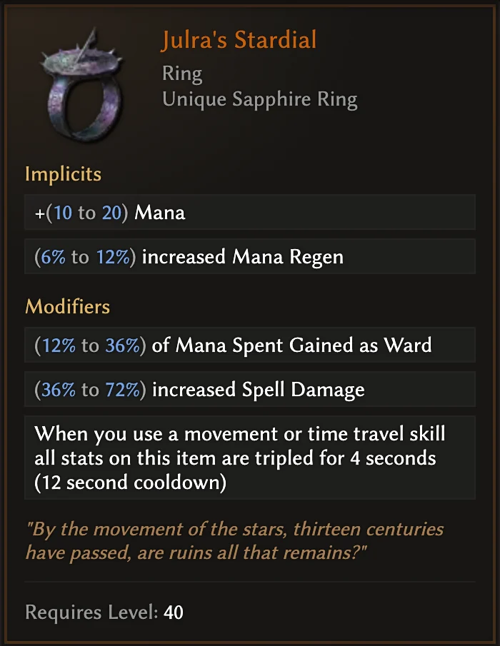 Julra’s Stardial ring tooltip showing mana, spell damage and its movement-triggered effect