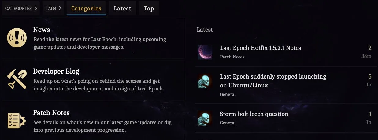 Official Last Epoch forum News, Developer Blog, and Patch Notes categories alongside latest topics