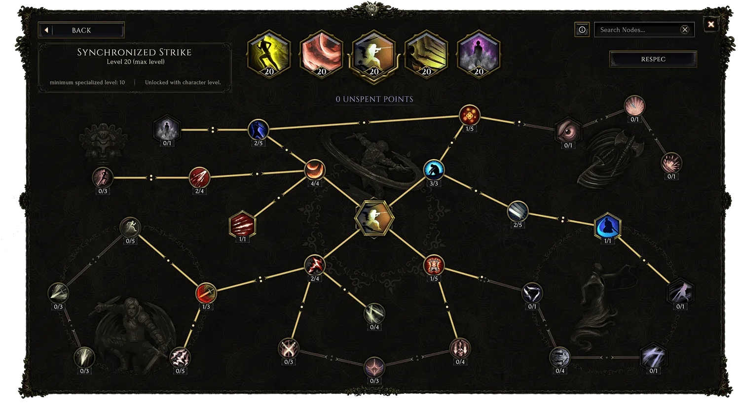 Synchronized Strike specialization tree with branching skill nodes