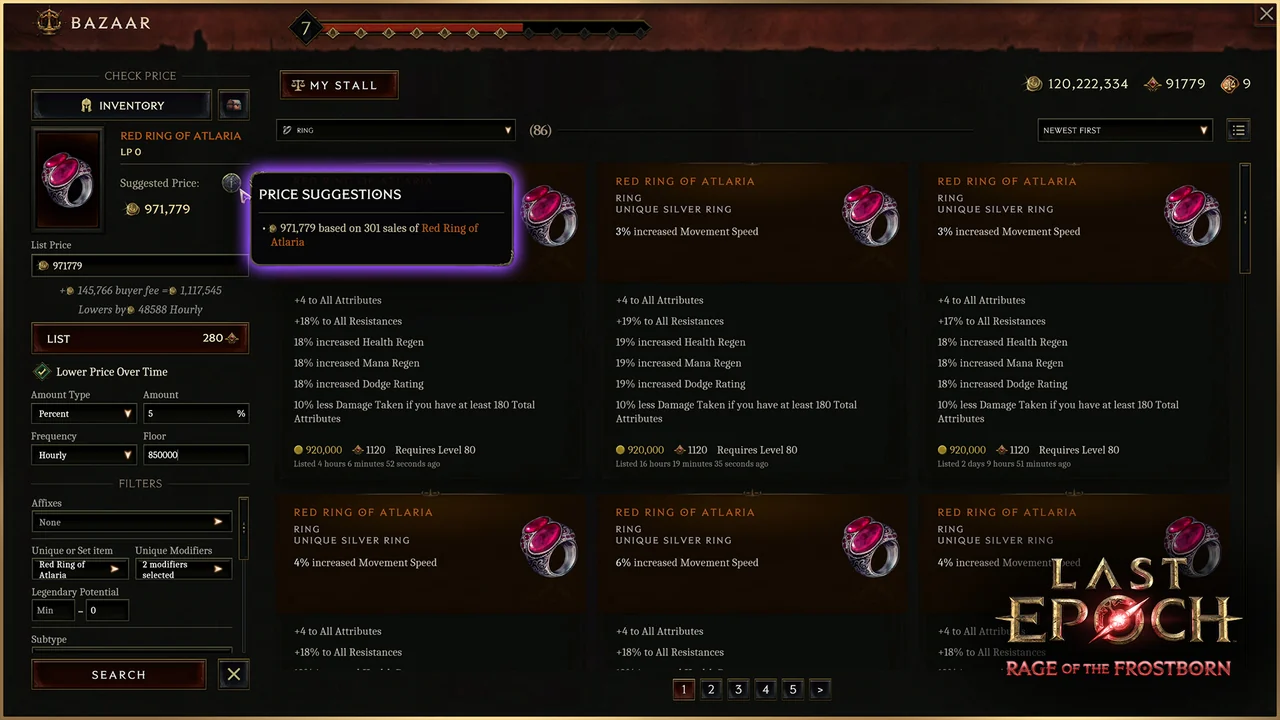Season 5 Bazaar listing screen with a suggested price and automatic price lowering controls