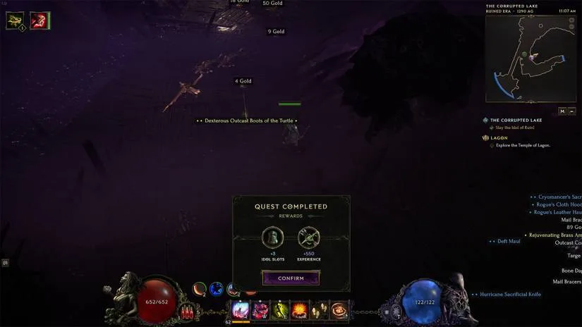 Last Epoch side-quest completion screen showing an Idol Slot reward