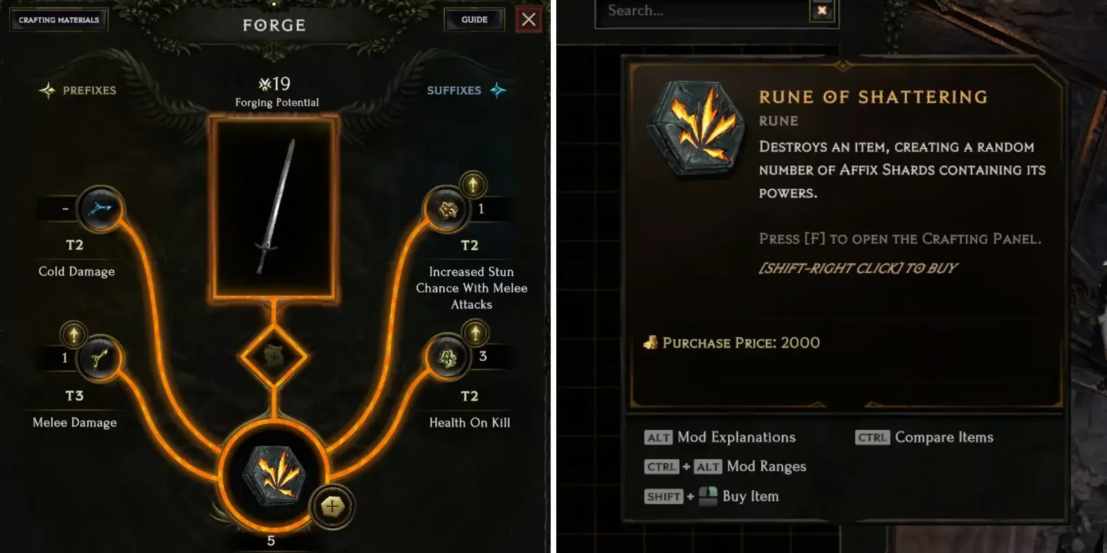 Last Epoch Forge view showing prefix and suffix affixes with their tier labels on a crafted weapon.