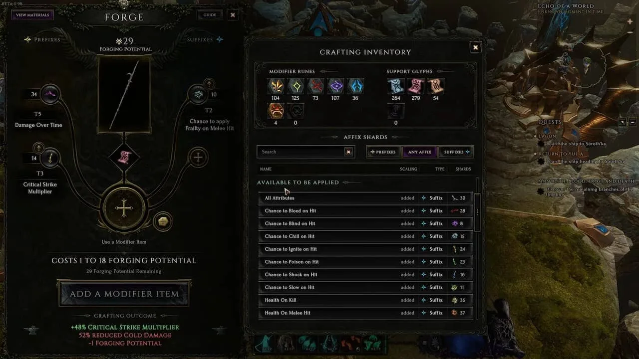 Last Epoch Forge with a weapon, forging potential, affix shards, modifier runes and support glyphs