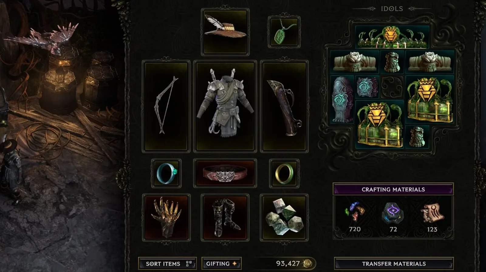 Last Epoch inventory view with multiple Idol shapes arranged inside the Idol Grid.
