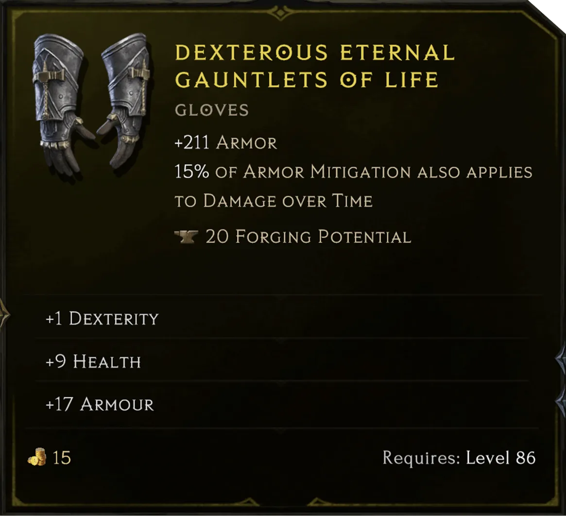 Last Epoch legendary gauntlets tooltip with armor, inherent effect, affixes, forging potential and level requirement
