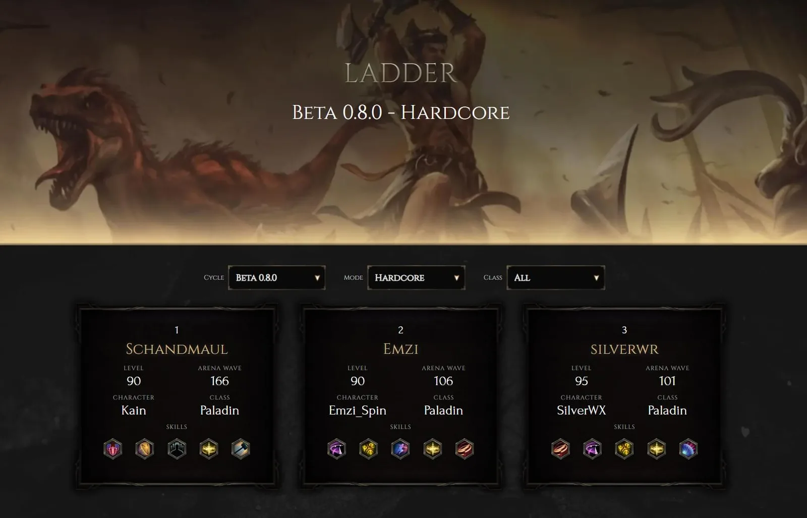 Last Epoch ladder entries showing player names, character names, classes, levels, and skill icons