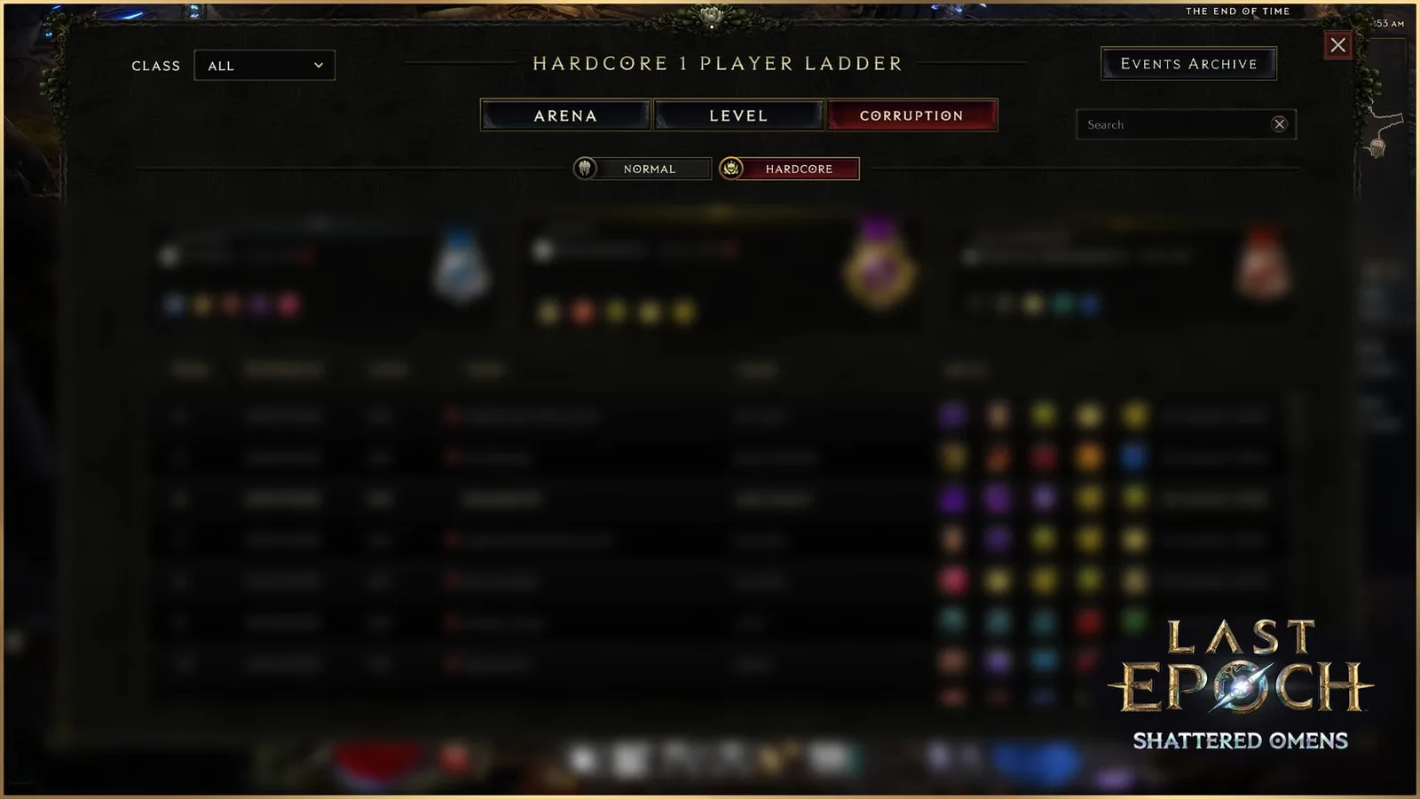 Last Epoch ladder with Arena, Level and Corruption tabs, class and mode filters, Search and Events Archive