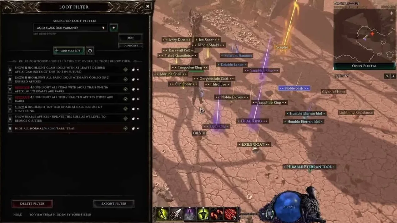 Ground loot labels and a loot-filter rule list