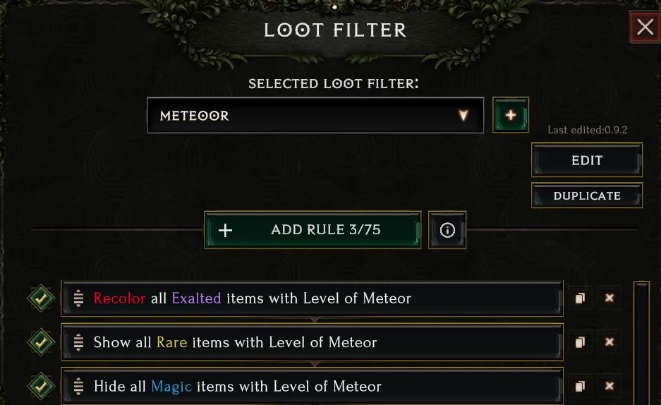 Loot filter rules ordered from top to bottom