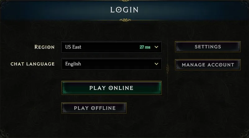 Last Epoch login menu with Play Online and Play Offline choices