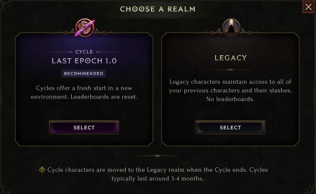 Historical Last Epoch 1.0 Cycle and Legacy realm selection interface