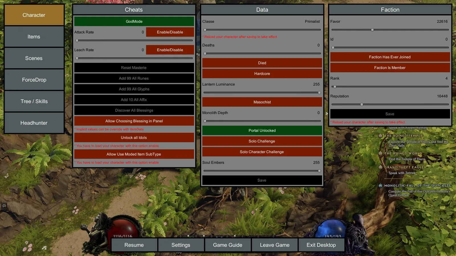 Last Epoch Mods character cheats and data options panel