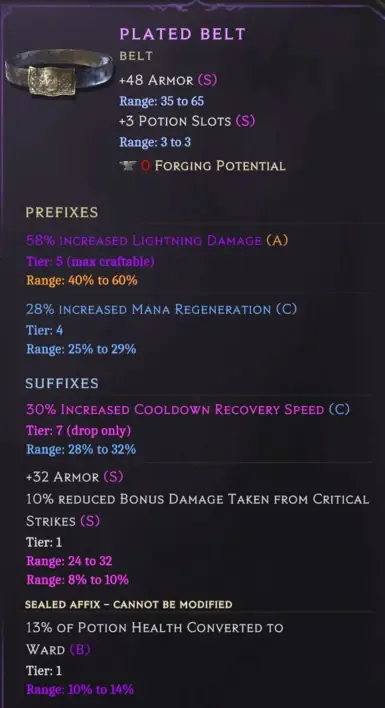 A Last Epoch Plated Belt tooltip with color-coded affix tiers and grade indicators from Terrible Tooltips