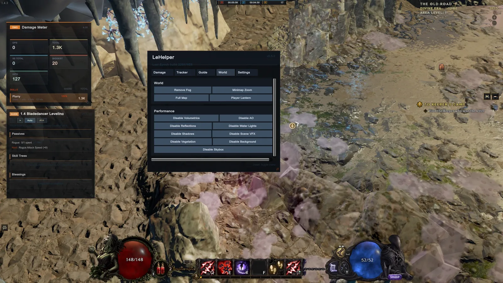 LeHelper World tab, damage meter, and build-guide panel over Last Epoch gameplay