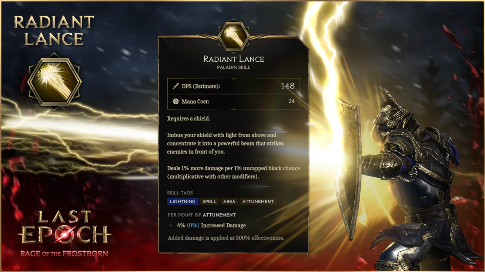 Official Radiant Lance skill preview with shield and beam artwork