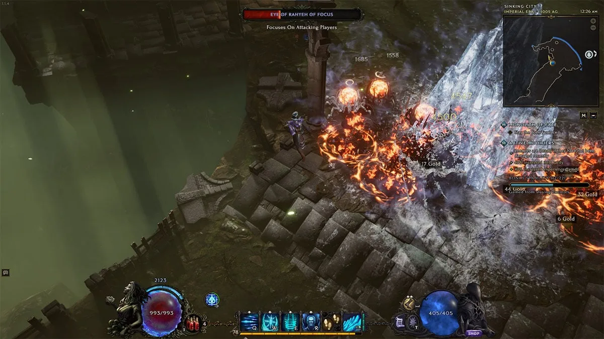 Historical Last Epoch PC sorcerer casting elemental skills during a Monolith of Fate battle