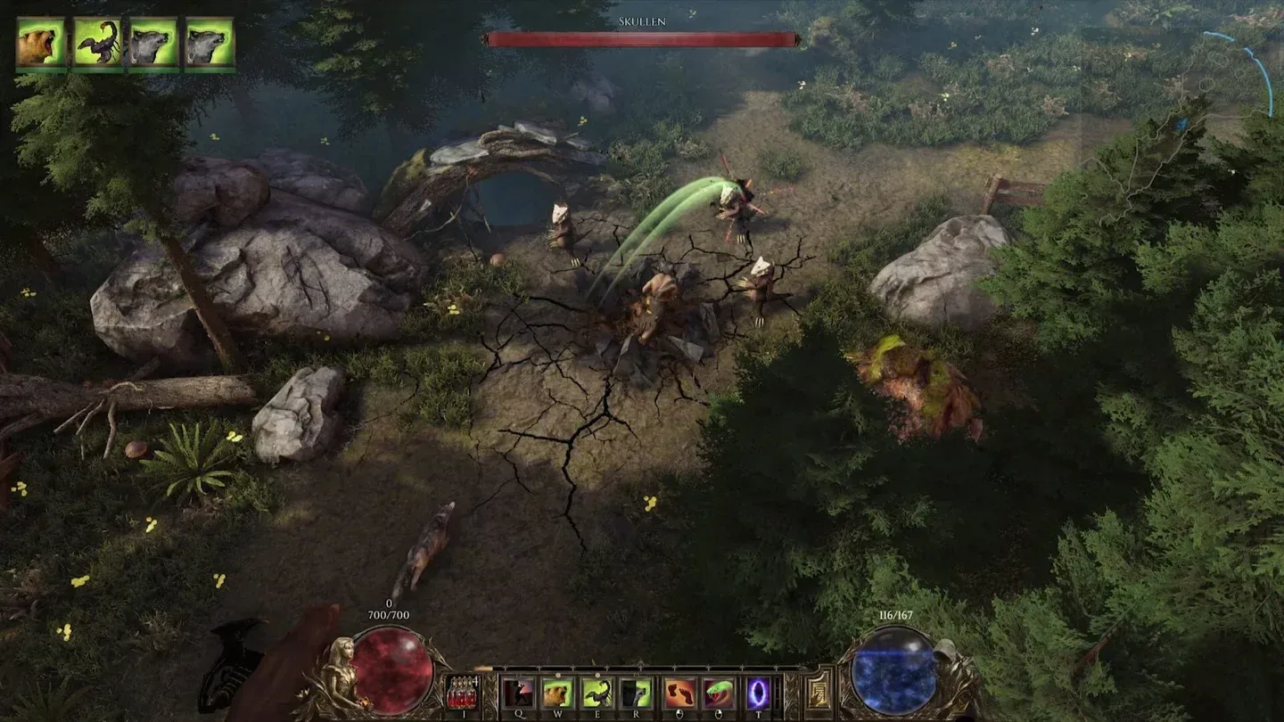 Last Epoch PC character unleashing a bright green skill against enemies in a forest battle