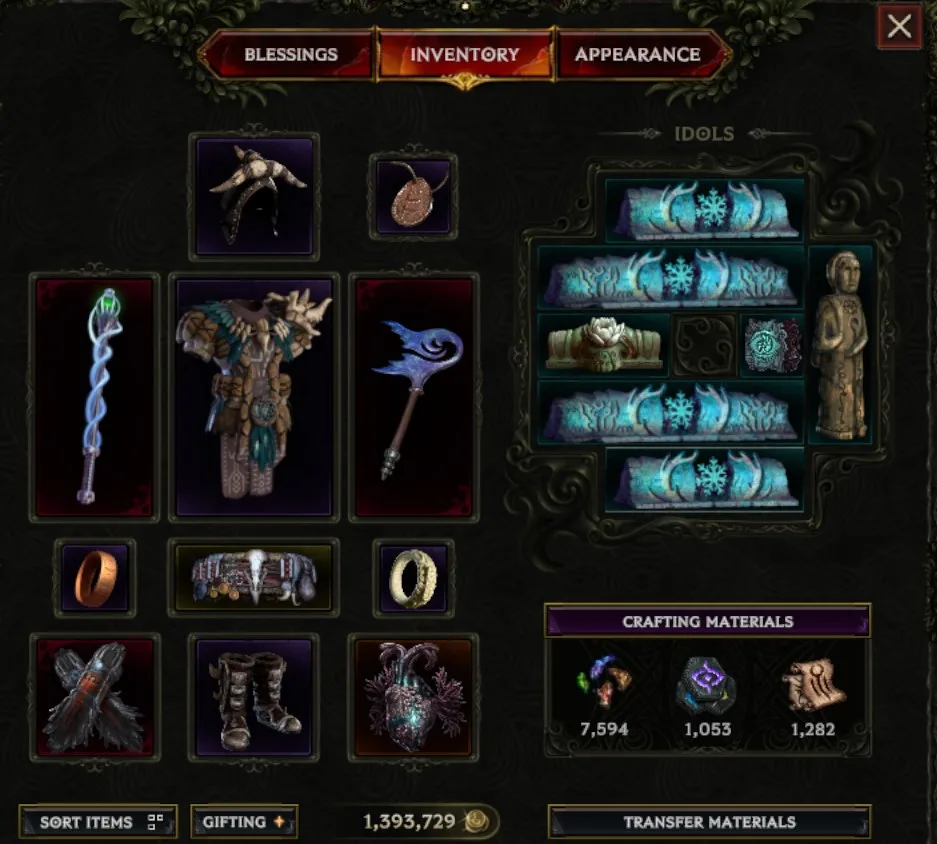 Last Epoch inventory example showing equipped items and Idols