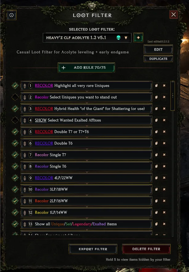 Loot filter rules for LP thresholds and unique item visibility