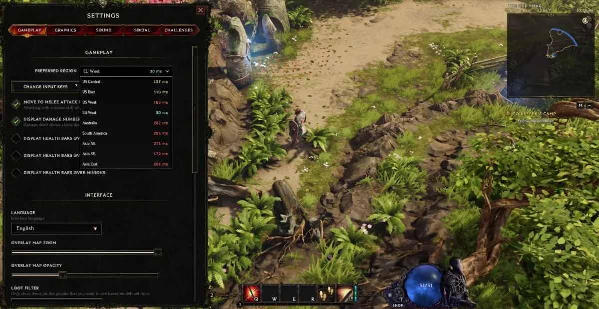 Last Epoch Gameplay settings with the Preferred Region dropdown open and server regions listed with latency values