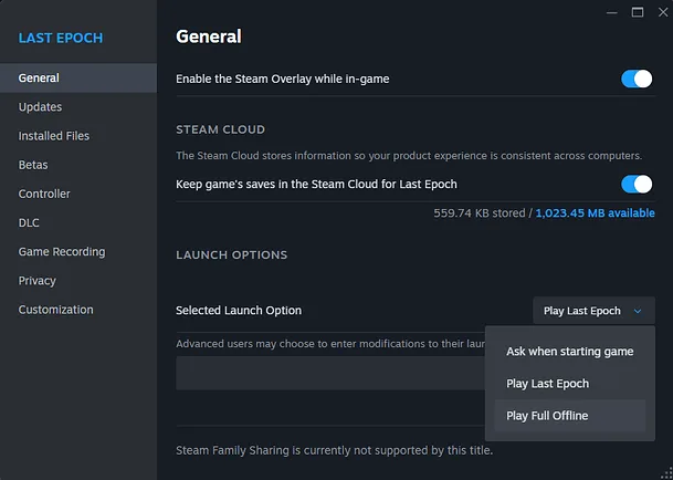 Steam Last Epoch properties window with the launch options menu showing Play Last Epoch and Play Full Offline