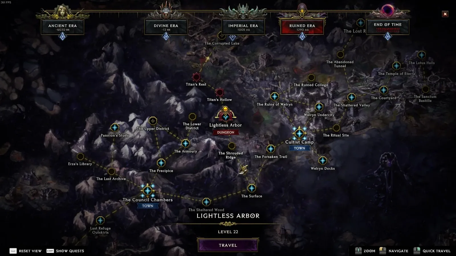 Ruined Era map showing Lightless Arbor and the Corrupted Lake