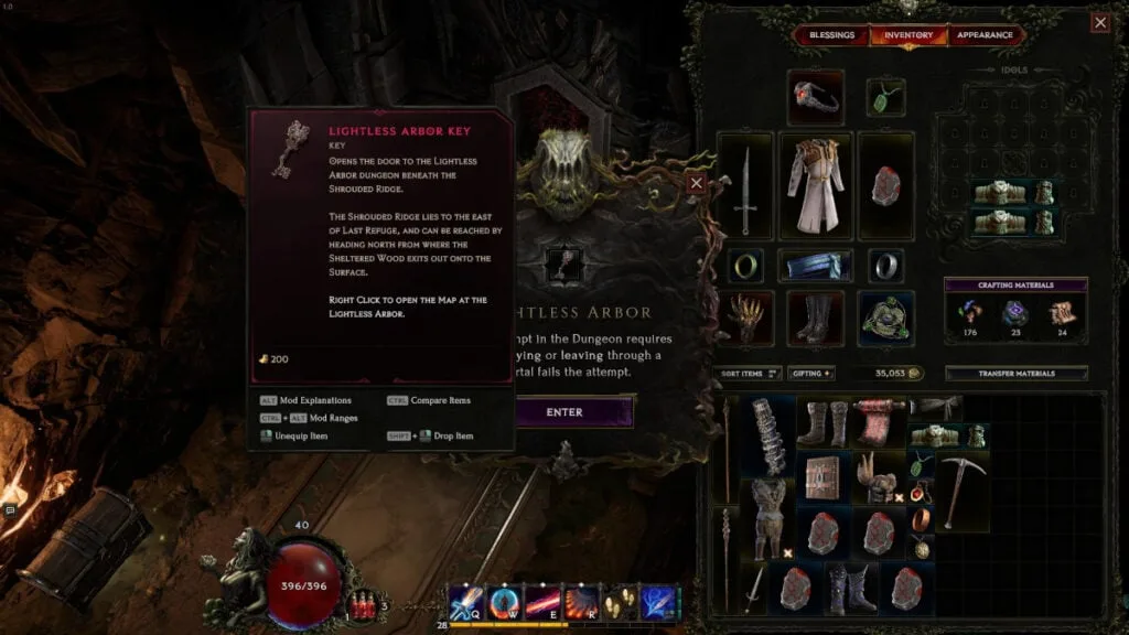 Lightless Arbor Key tooltip in the inventory