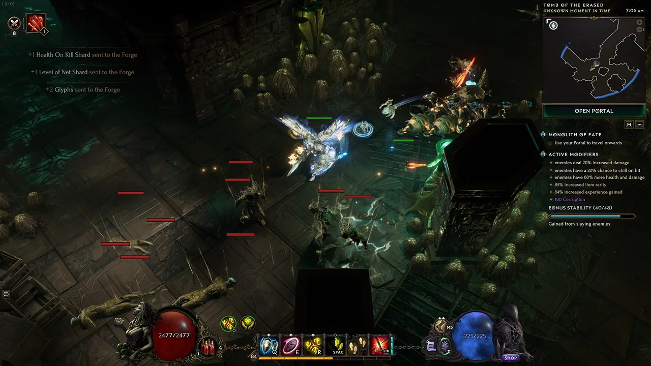 Last Epoch Monolith combat with a character, summoned minions, loot, and multiple active modifiers