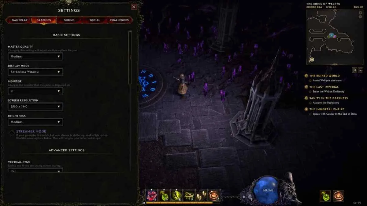 Last Epoch graphics settings menu showing display, quality, and performance controls